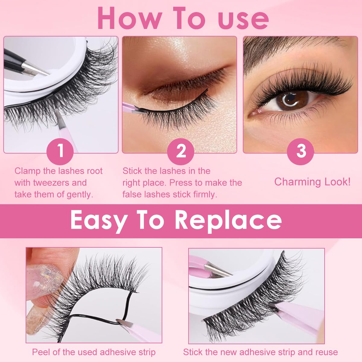 MAYCREATE Self Adhesive False Eyelashes for Daily Wear featuring Pre Glued Strip and Clear Band | 5 Pair Fiber Lashes for Beginners