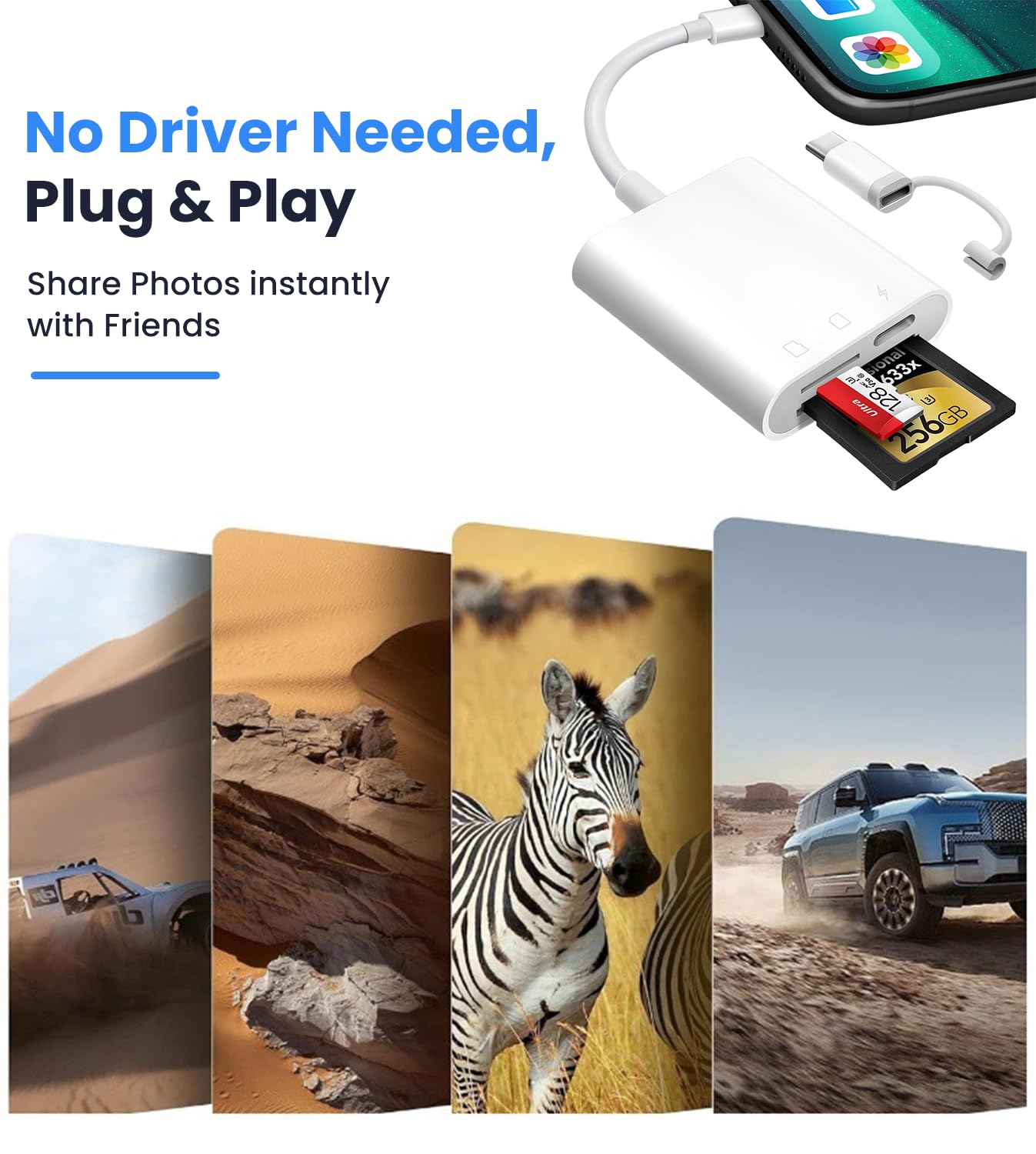Verilux SD Card Reader for iPhone and iPad 3 in 1 with USB C Connector | Supports SD TF Cards