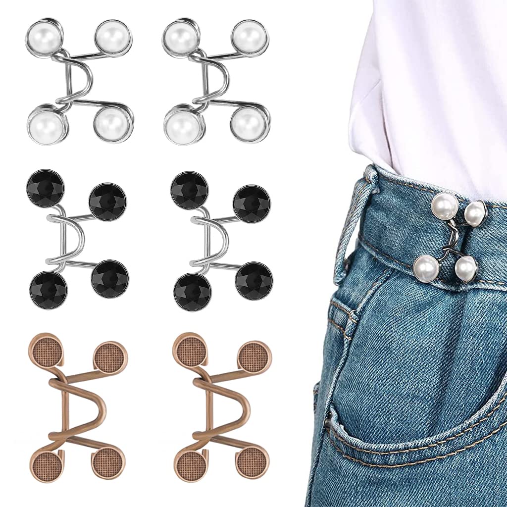 SANNIDHI 6 Pack Detachable Jeans Button Pins, Instant Adjustable Waist Buckle for Loose Jeans, Pearl Crystal Jeans Waist Adjuster Tightener for Pants, Skirt (No Sew Required)