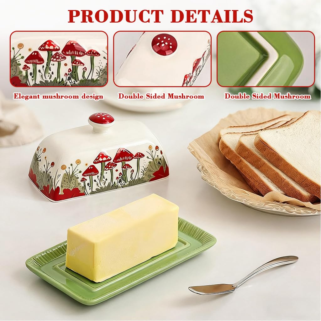 Supvox Ceramic Butter Saver Dish for Storage with Lid and Cartoon Mushroom Print 5.5x2.2 in