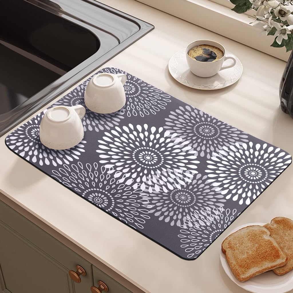 Supvox Dish Drying Mat for Kitchen Counter featuring 15.7 x 19.6 in Absorbent Pad with Rubber Back and Grey Raindrop Pattern