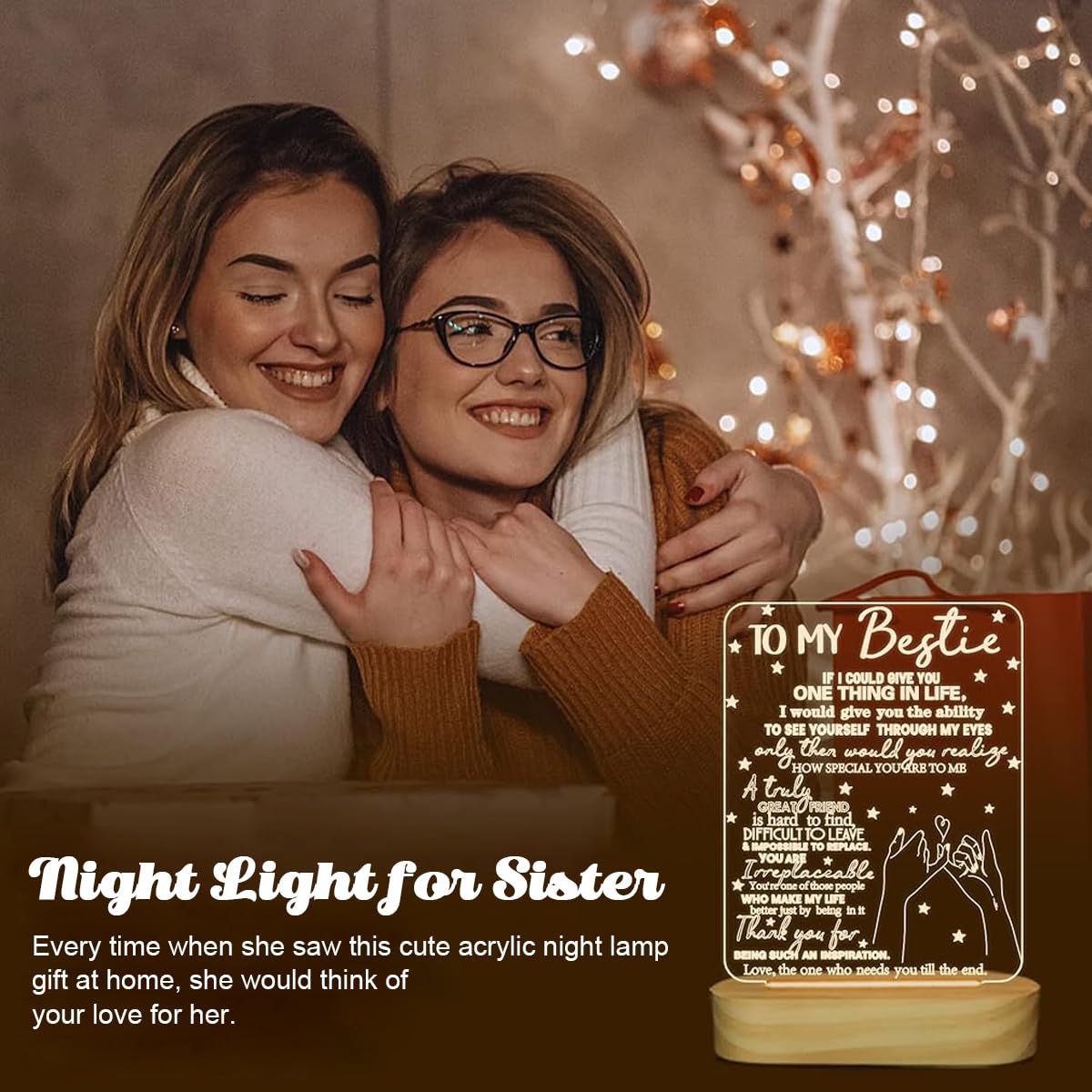 ELEPHANTBOAT® LED Acrylic Night Light Board with Wooden Base, 'To My Bestie' Friendship Gift, 3D Illusion Lamp I Love You Friends Night Light for Best Friend Sister Girls Birthday Friendship Gift