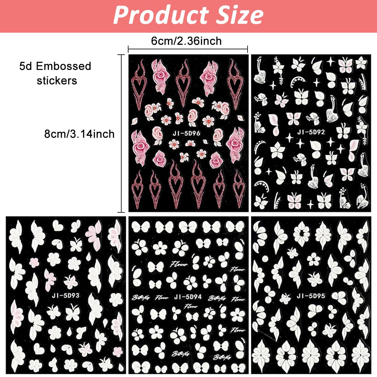 MAYCREATE 5D Embossed White Flowers Nail Stickers for Manicure with Self Adhesive Design | 5Pcs Acrylic Floral Decals