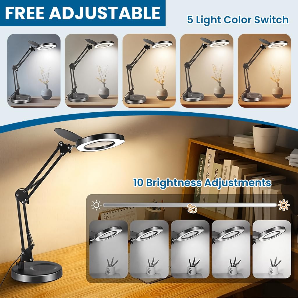 HASTHIP Magnifying Glass for Reading and Craft with 15X 4.2in Glass Lens and Clamp Stand | 5 Color Stepless LED Light