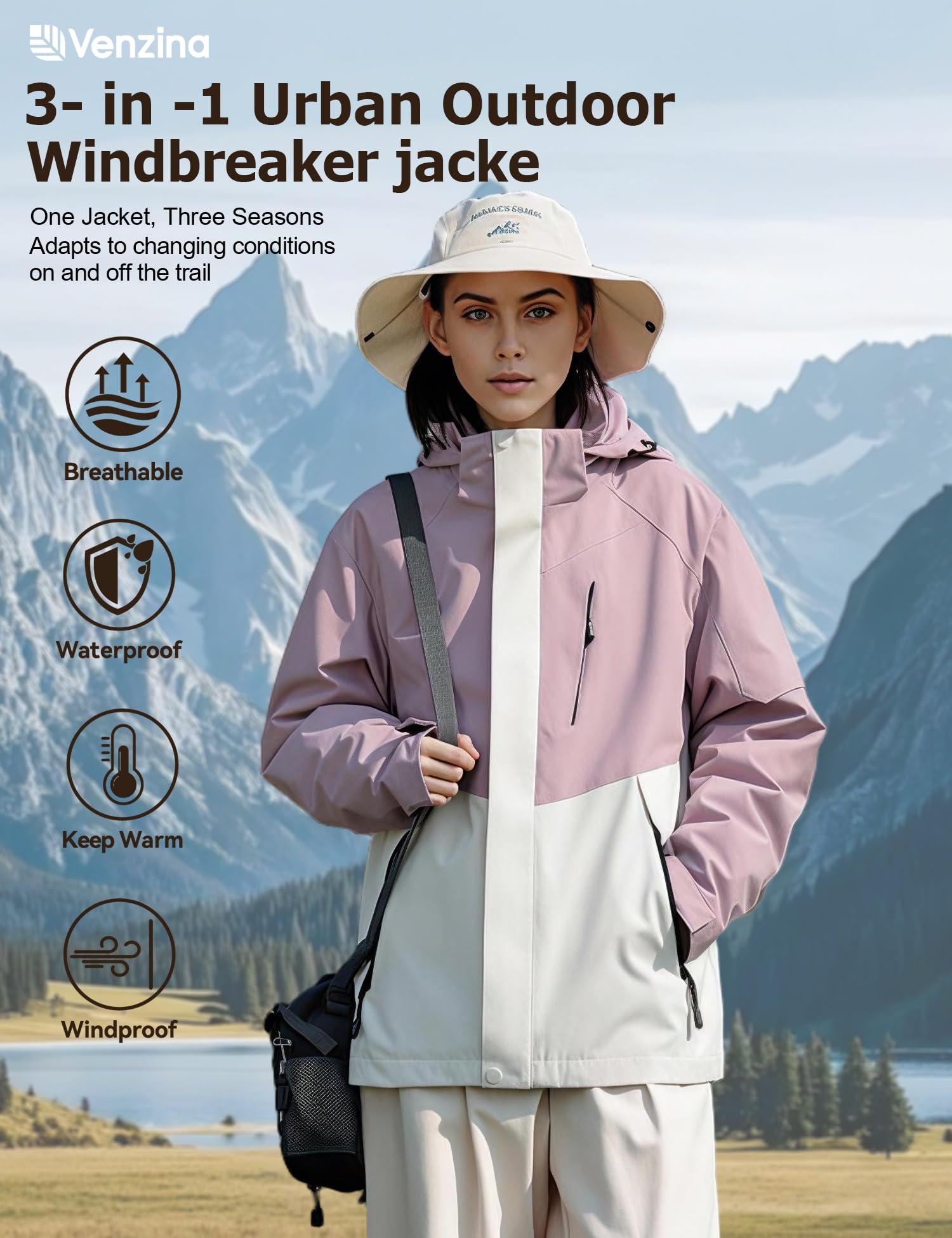 Venzina Women's 3 in 1 Waterproof Jacket for Hiking and Winter with Detachable Fleece Liner | Purple XL