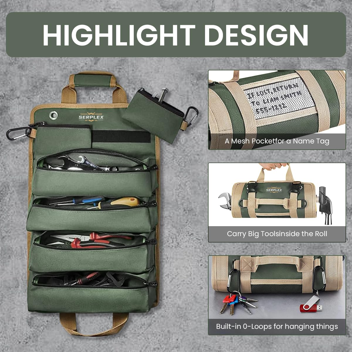 Serplex Tool Bag for Technicians and Mechanics with 4 Pockets & Detachable Zipper Pouch | 900D Oxford Roll Up Organizer