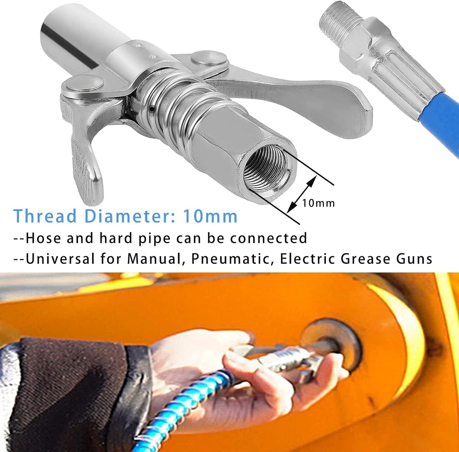 STHIRA® Grease Gun Coupler Strong Lock Release 12000 PSI Quick Metal Dual Handle Tip 30cm Hose Compatible with All 1/8 NPT Fitting 3PCS