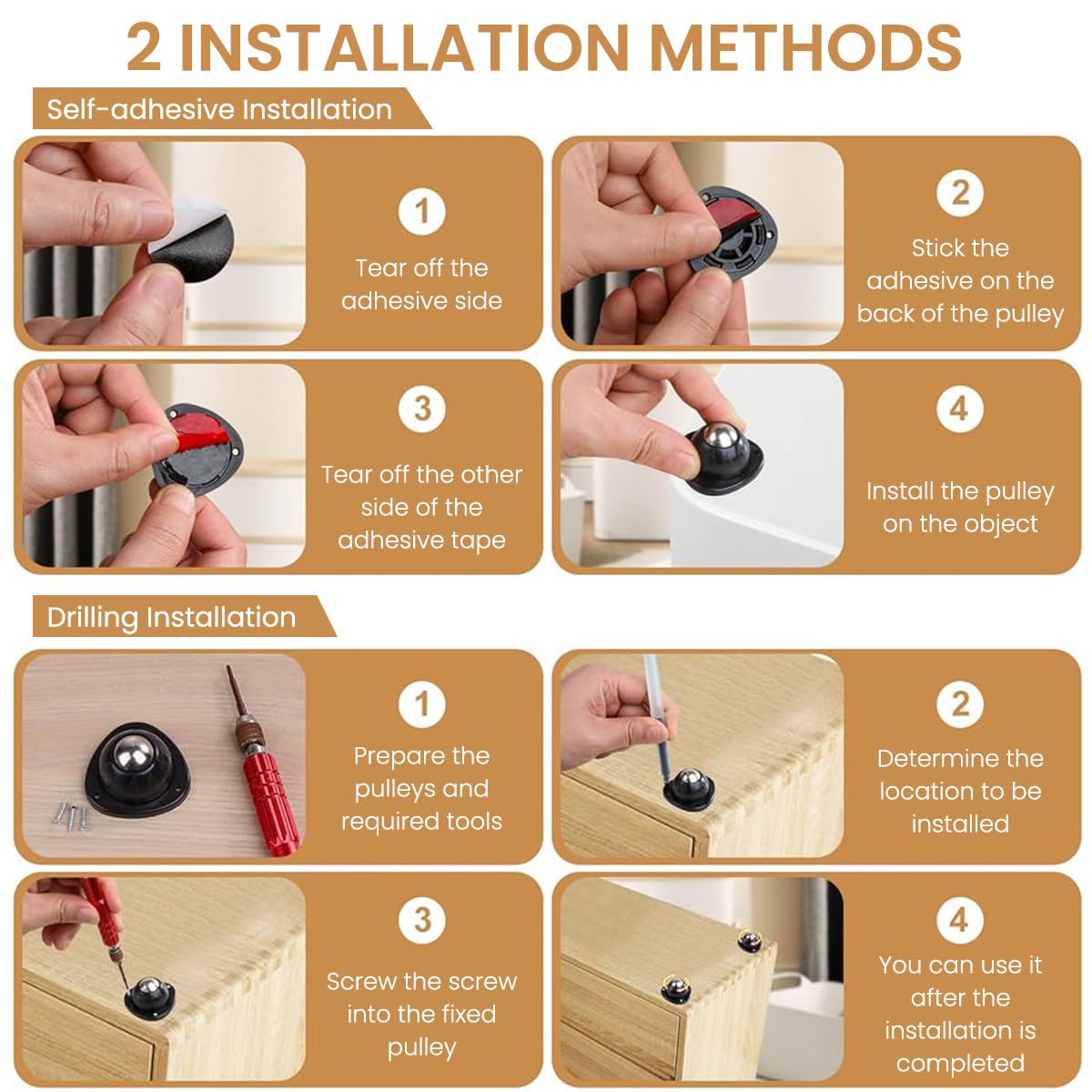 Serplex Self Adhesive Mini Caster Wheels for Furniture and Appliances featuring 360° Swivel | 4pcs Set with 50kg Load Capacity and ABS Nickel Steel Design