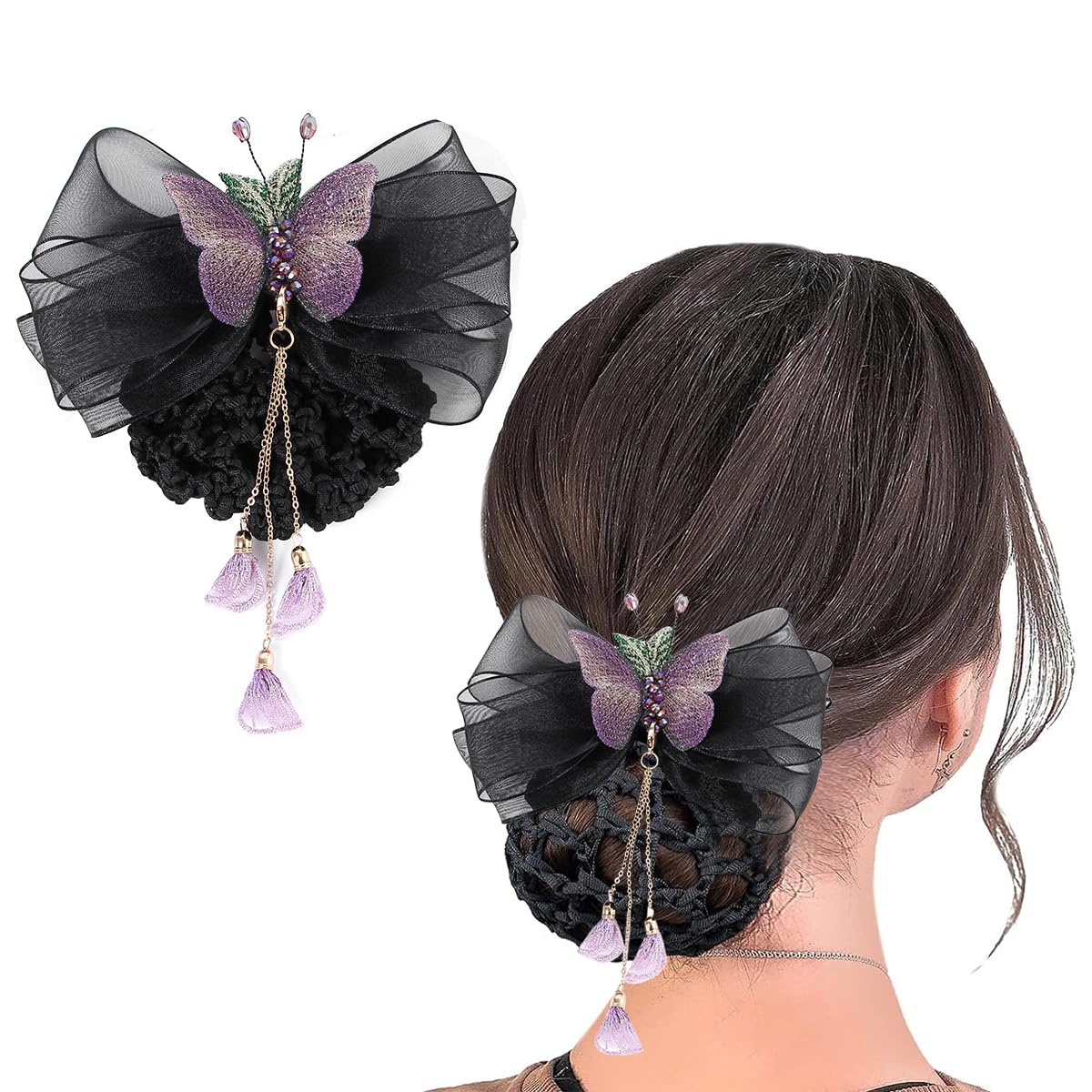 MAYCREATE Hair Net Barrette with Butterfly Lace Bowknot for Women and Girls | Nylon Bun Snood Clip for Work or Dance