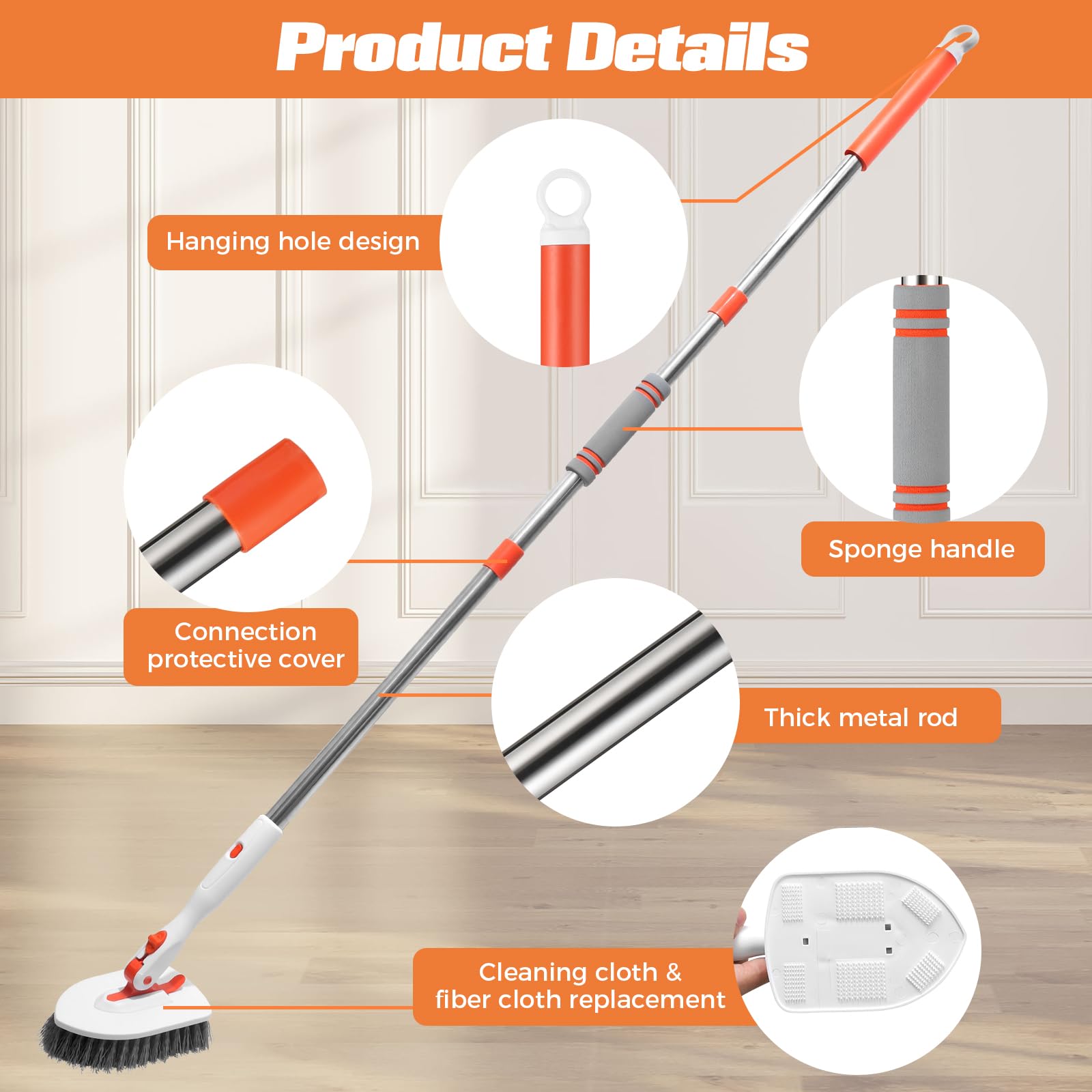ZIBUYU Bathroom Cleaning Brush Kit for Tiles with 52 in Long Handle and 180° Swivel Head