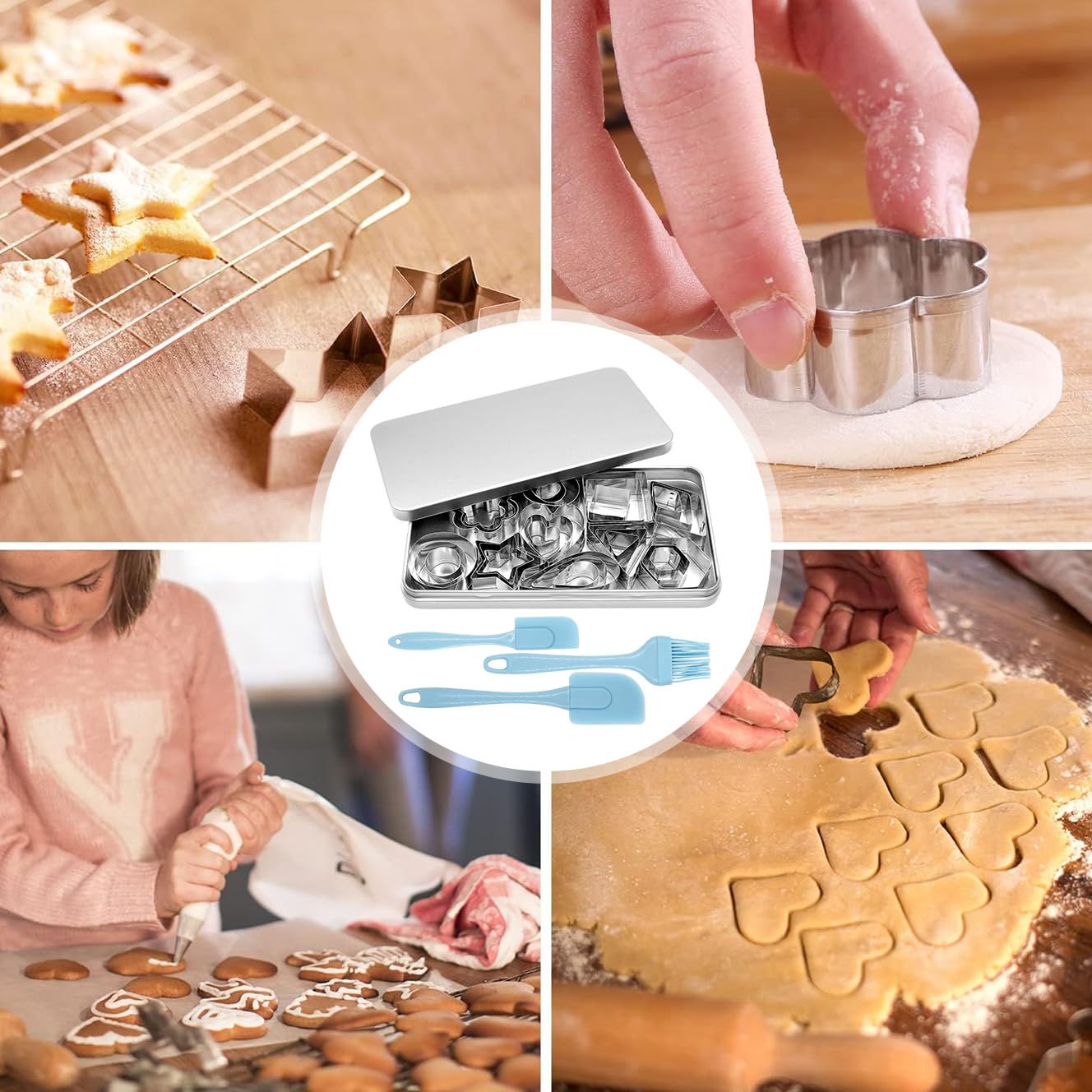 Supvox Stainless Steel Cookie Cutters Set with 30 Shapes and Silicone Tools | Storage Box