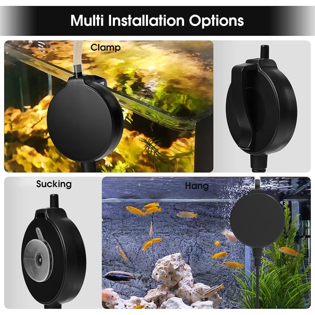 Qpets aquarium air pump for fish tank with 0.5L/min flow & ultra quiet motor | suction cup and clip installation