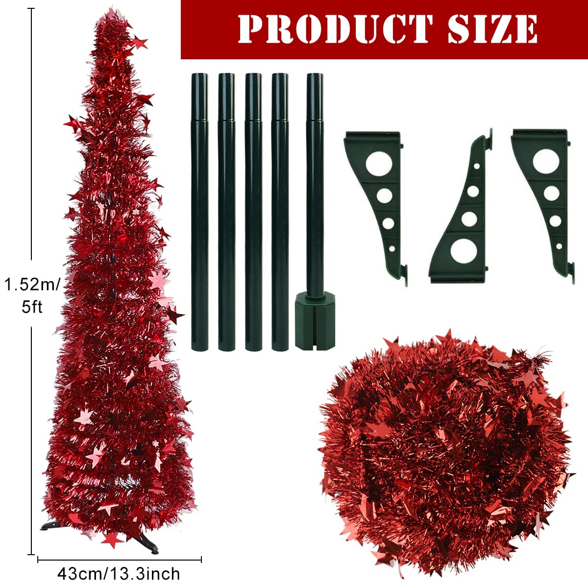 HASTHIP® 1.5m Sparkling Red Christmas Tree Tinsel Garland Red Christmas Tree Festival Party Home Decor DIY Assembly Red Christmas Tree for Living Room, Balcony, Entryway, Garden