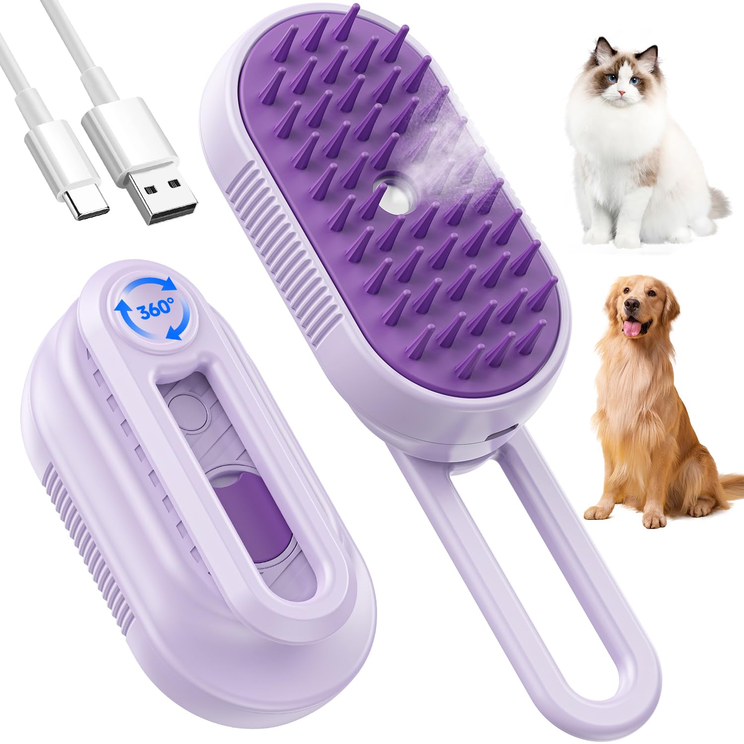 Qpets® Electric Pet Steam Hair Brush Massager Grooming Brush 2 in 1 Bath-Free Hair Steam Cleaning Brush with Swivel Handle USB Rechargeable Steam Massage Grooming Brush Pet Hair Brush