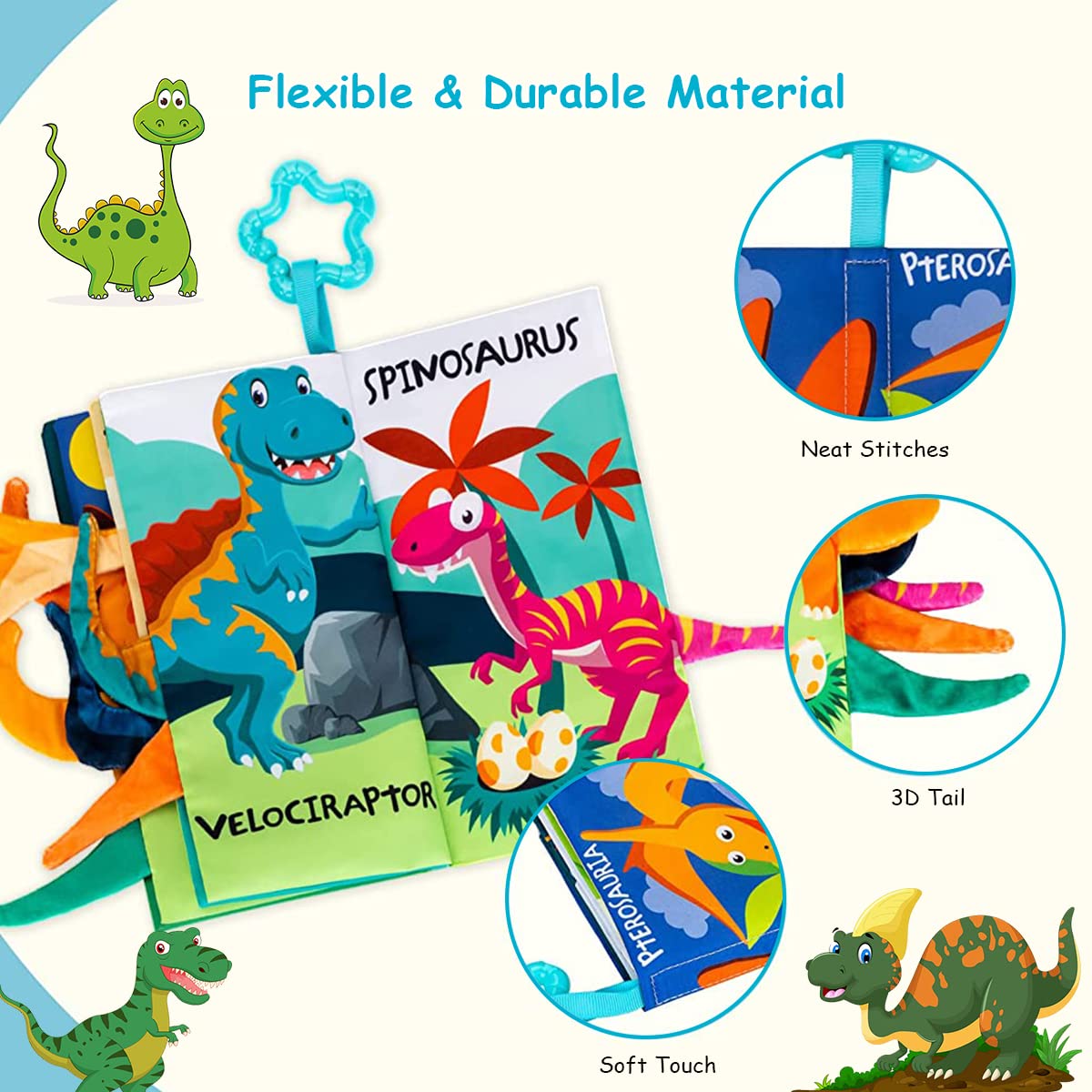PATPAT Cloth Books for Babies with 3D Dinosaur Tails and BPA Free Soft Polyester | Early Learning Toy for 3–18 Month Infants