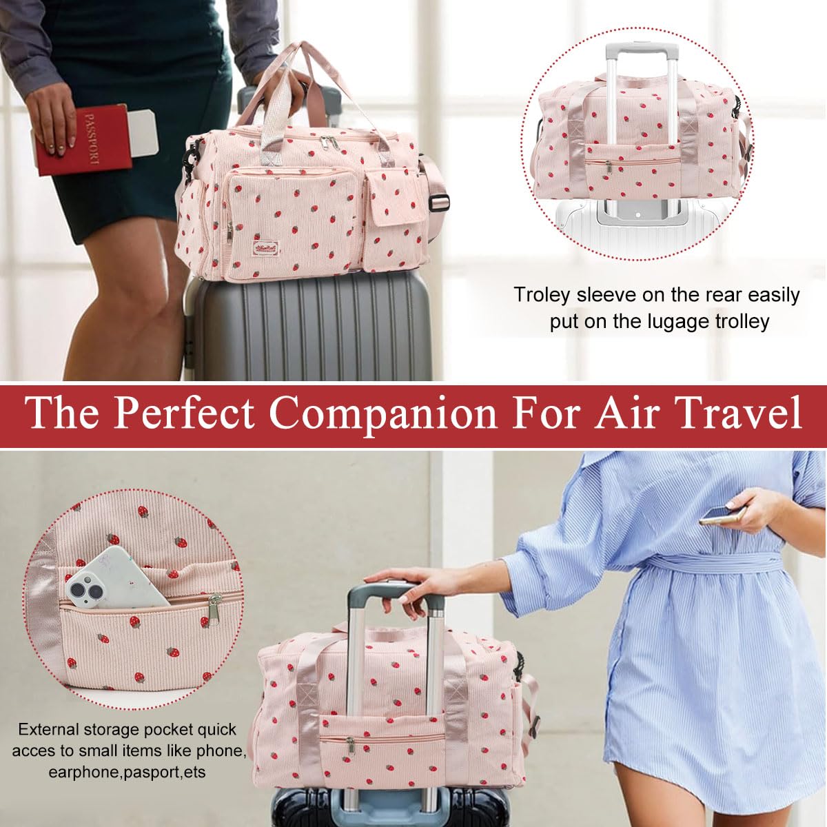 PALAY Women Duffle Bag for Travel and Gym featuring Shoe Compartment 48x24x27cm Corduroy Pink