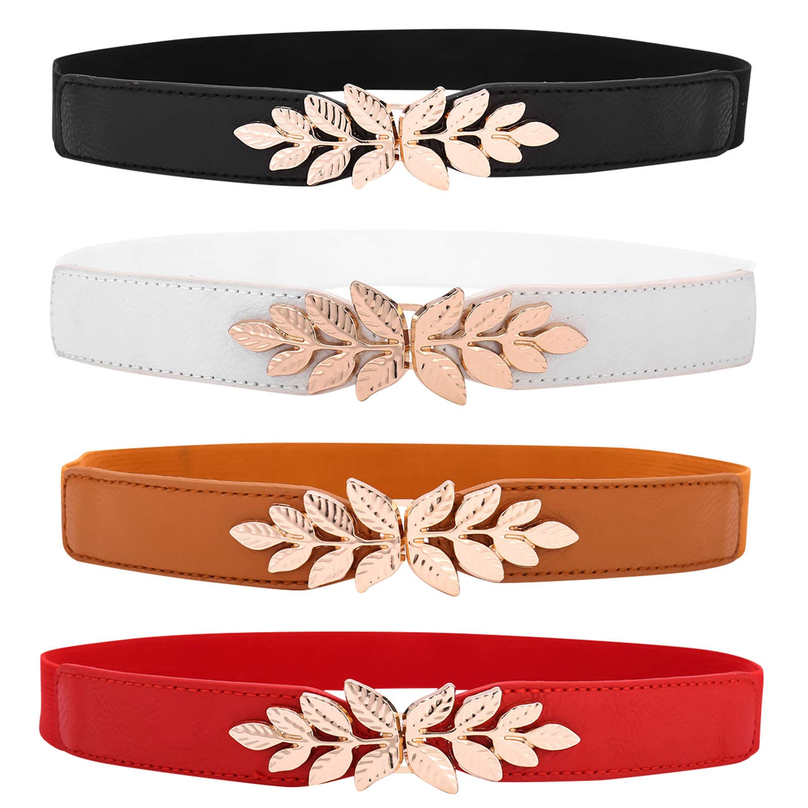 ZIBUYU Waist Belt for Women featuring Golden Leaf Charm Inter Lock Buckle and Stretch Fabric | White Dress Accessory