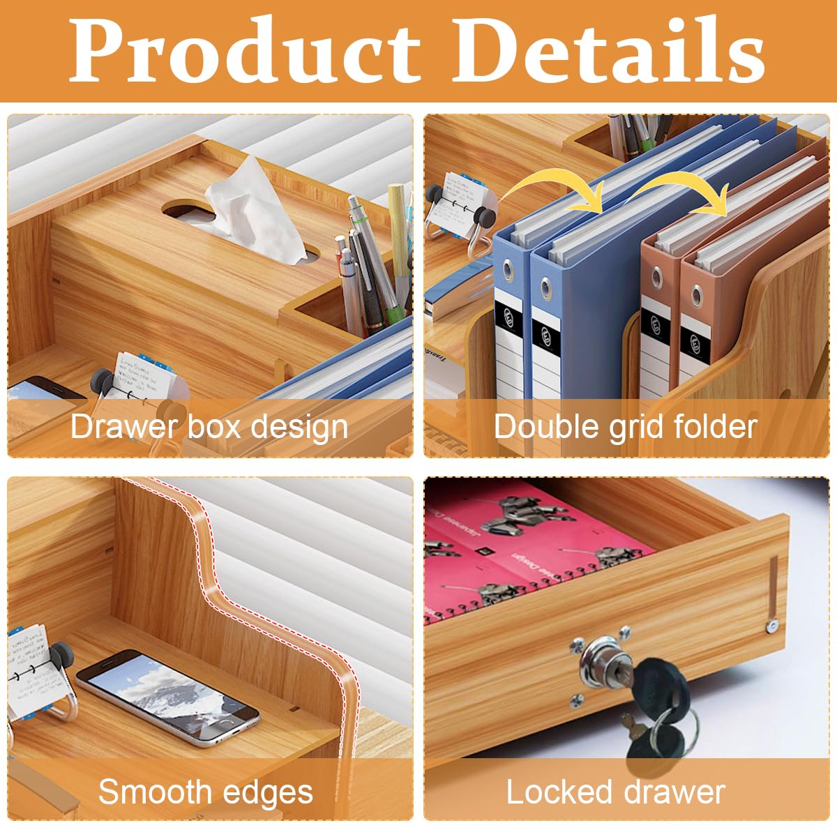 Climberty Wooden Desk Organizer for Office and Home with Lockable Drawer | Cherry Wood 38.3×29×28 cm