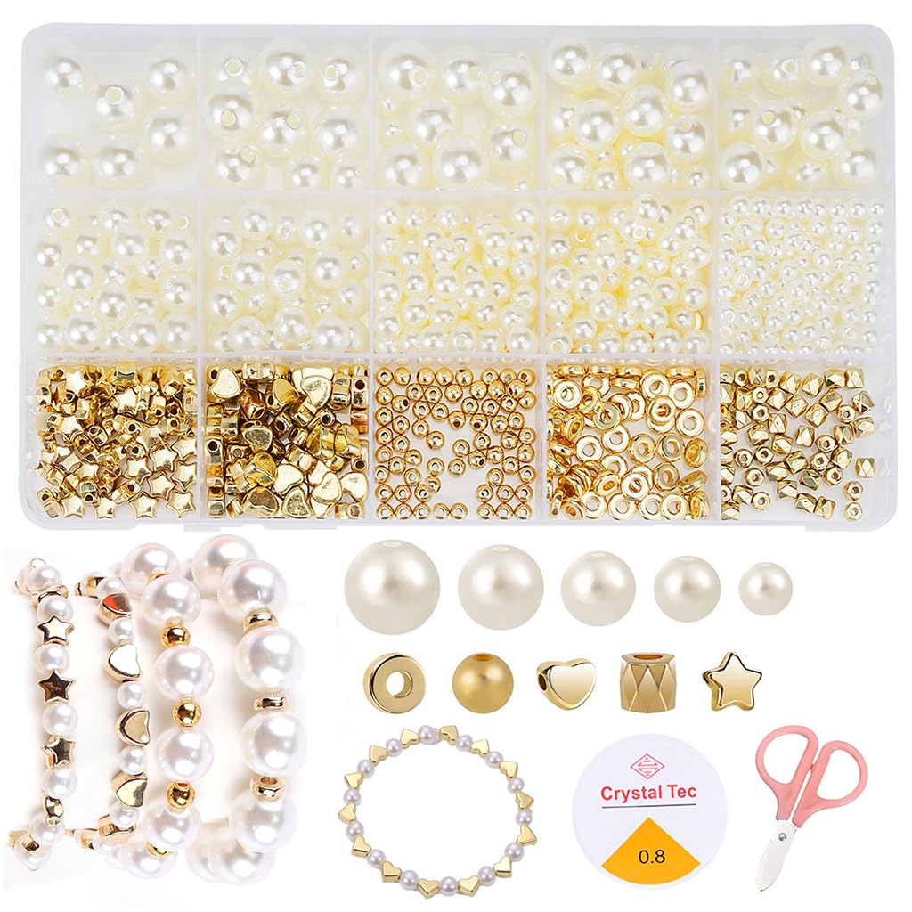 SANNIDHI 722Pcs Jewelry Making Beads and Charms Kit with Crystal Lines & Scissors, Assorted Sized Pearl Beads Golden Spacer Beads Charms for DIY Crafting, Beading Crafts, DIY Bracelet Making