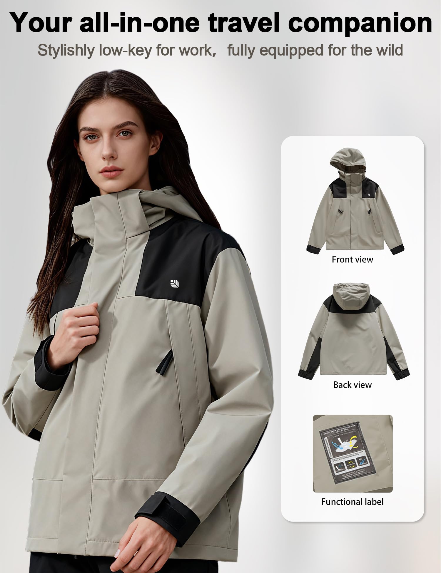 Venzina Women's Hiking Jacket for Trekking and Daily Wear with Detachable Hood | Windproof Water and Oil Resistant Slim Fit in Light Khaki