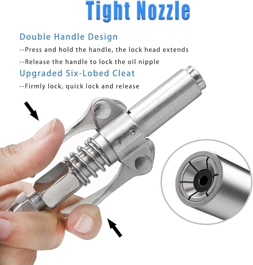STHIRA® Grease Gun Coupler Strong Lock Release 12000 PSI Quick Metal Dual Handle Tip 30cm Hose Compatible with All 1/8 NPT Fitting 3PCS
