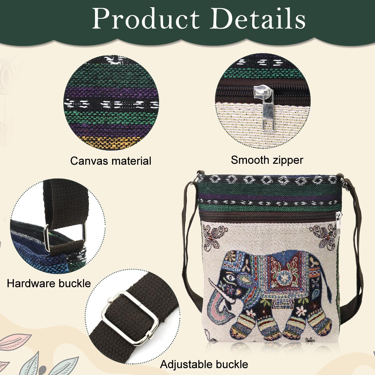 PALAY Women Sling Bag for Travel with Elephant Embroidery and Two Zipper Pouches 23x23x5 cm