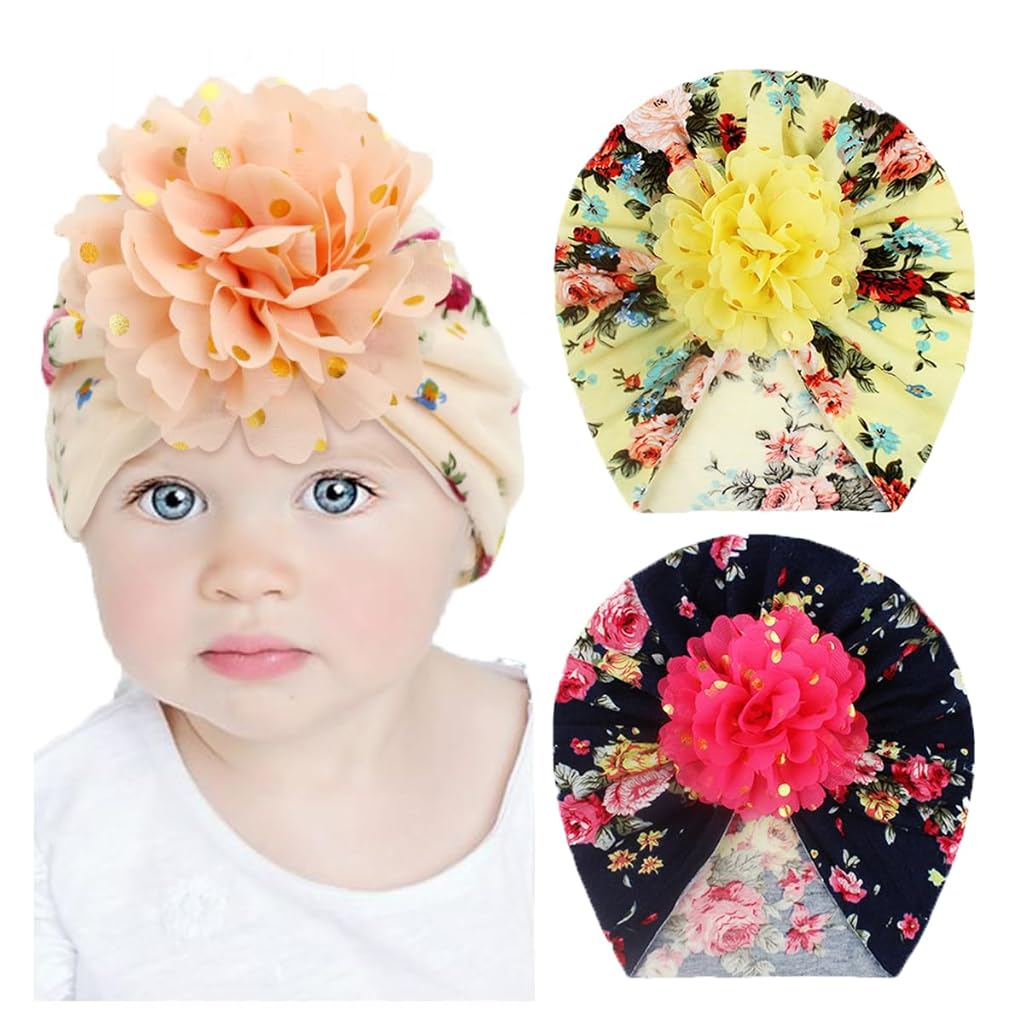 SNOWIE SOFT Turban Cap For Baby Girl,  Flower Printing Baby Cap Nylon Ventilate Kids Cap For Girls Warm Soft Baby Pullover Hat 3pcs set  Caps For Kids Beaty Baby Caps 1-2 Years Old For Kids