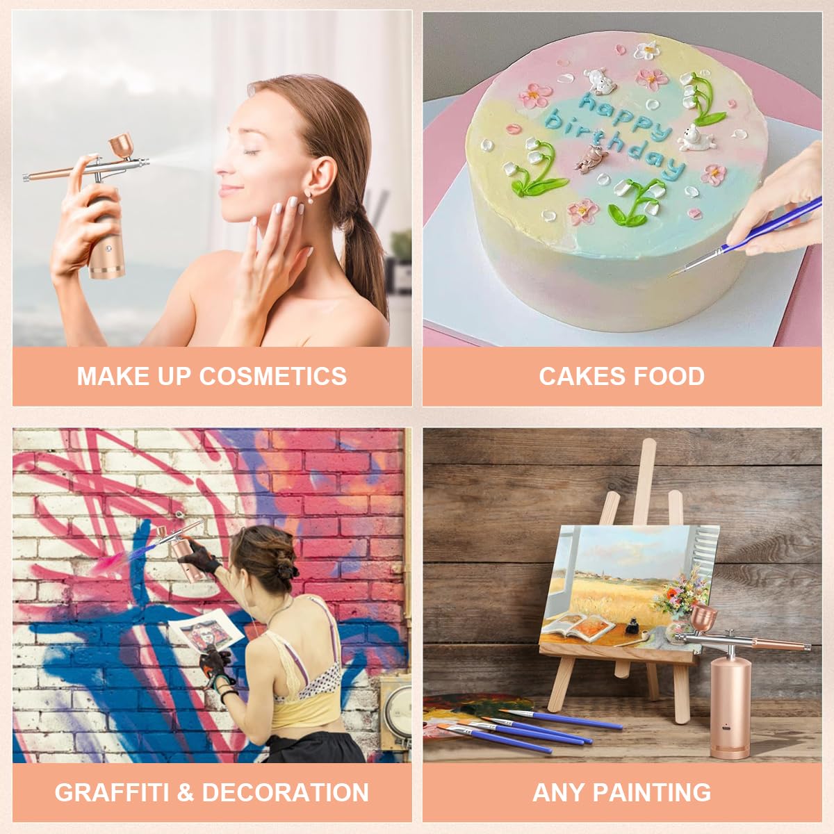 HANNEA Airbrush Kit for Makeup Painting and Cake Decor with 48PSI 0.3mm Nozzle | Rechargeable Cordless Gold Model