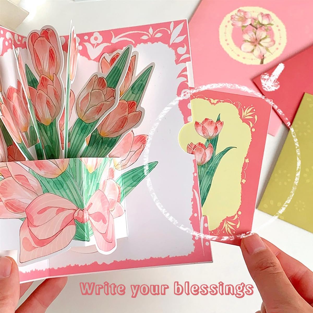 Climberty® 4pcs Mother's Day Gift Cards 3D Tulips Paper Art Floral Gift Greeting Cards Thanks Giving Gift Cards Elegant Rose Sakura Lily Flower Gift Cards for Mother's Day, Birthday Bag, Anniversary