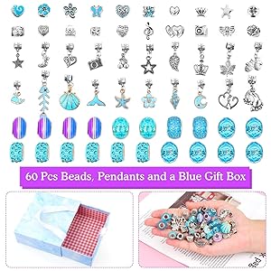 PATPAT® 63pcs DIY Charm Bracelets Kit with Gift Box, Jewelry Making Kit with Bracelet Beads, Jewelry Charms, Necklace Jewelry Making and DIY Crafts for Kids Girls-Blue