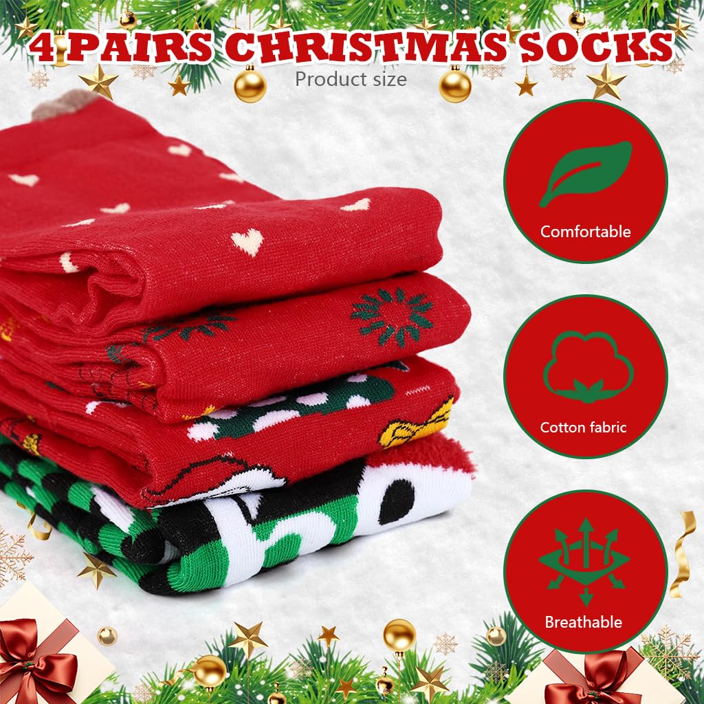 SANNIDHI Christmas Socks Gift Box Set featuring 4 Pairs Cotton Crew Socks for Men and Women