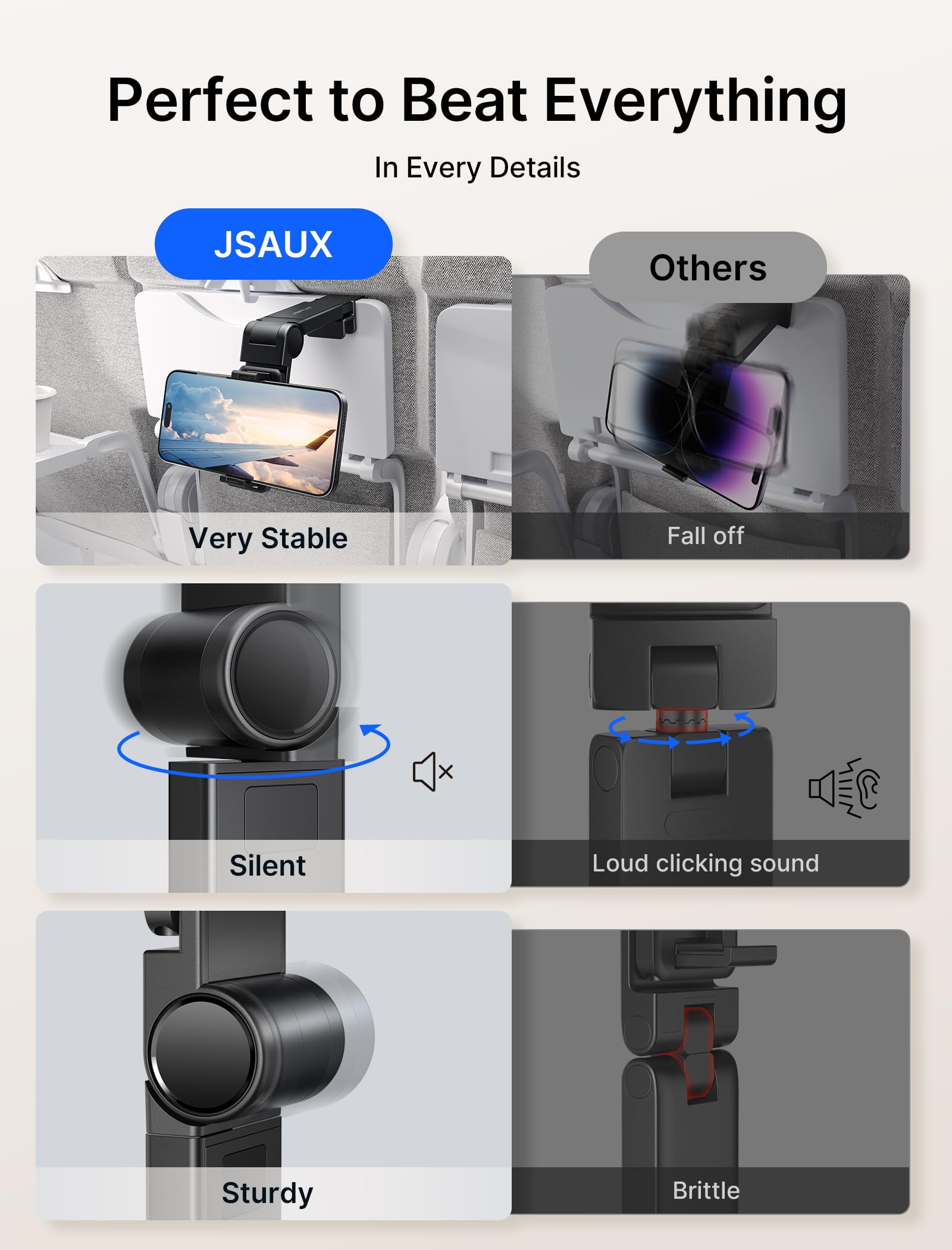 JSAUX Phone Holder for Airplane Travel with 360 Degree Rotation | Handsfree Mount for Desk