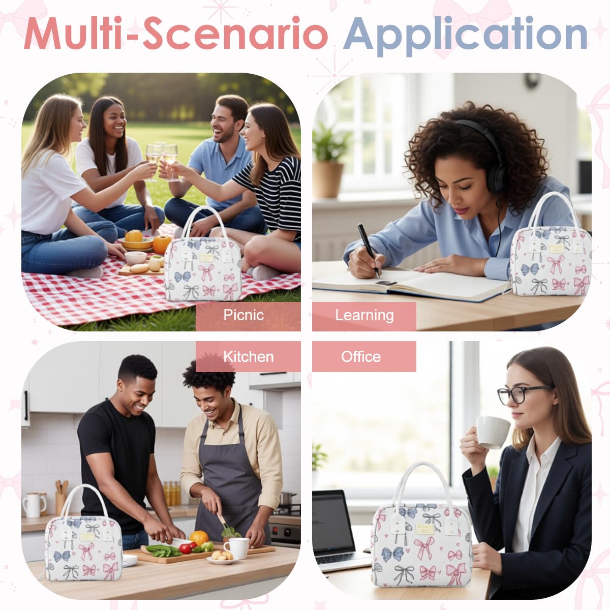 HASTHIP Insulated Lunch Tote Bag for Work and Picnic featuring Ribbon Bow Print 25x15.5x21cm