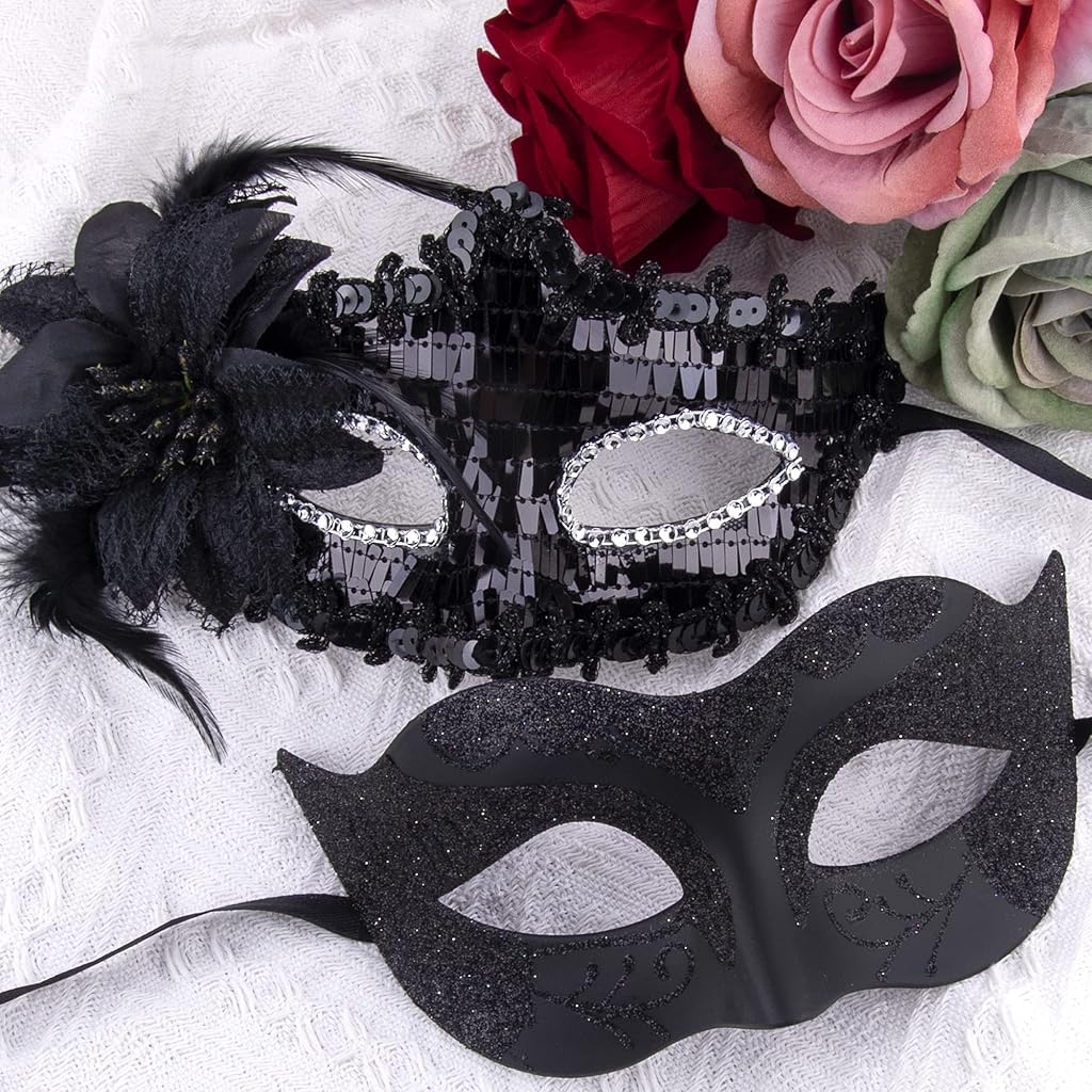 PATPAT Masquerade Mask for Halloween and Carnival Parties featuring Feathers Lace & Sequins | 2 Pack Black Venetian Masks for Couples