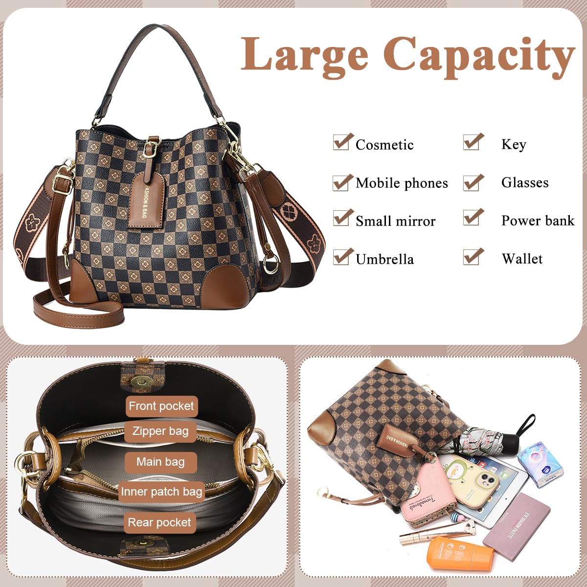 PALAY Crossbody Bucket Bag for Women with Two Adjustable Straps and PU Leather Design