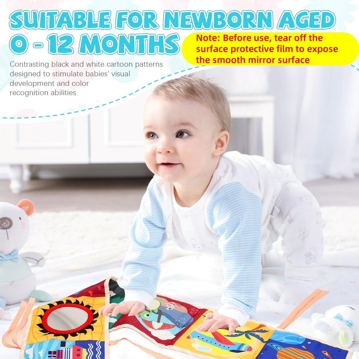 SNOWIE SOFT Butterfly Cloth Book for Baby with Mirror and 3D Sensory Elements 78x14cm | Montessori Visual Stimulation Toy