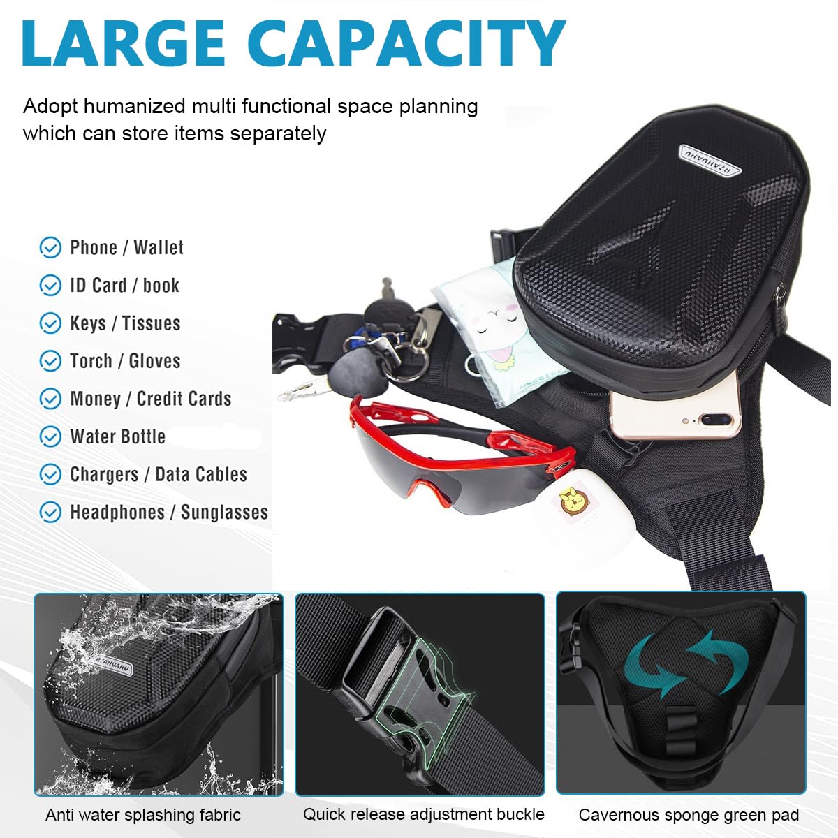 Optifit Thigh Bag for Bikers with Quick Release Buckle and 20×14.5×8cm Multi Pocket Design