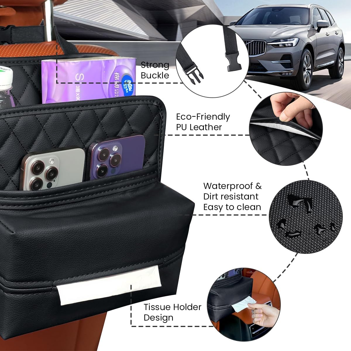 STHIRA® Car Back Seat Organizer with Tissue Holder PU Waterproof Car Tissue Box Holder Multi-Pocket & Quick Install  Car Organizers And Storage Tidy Up Your Car Interior with Car Seat Back Organizer