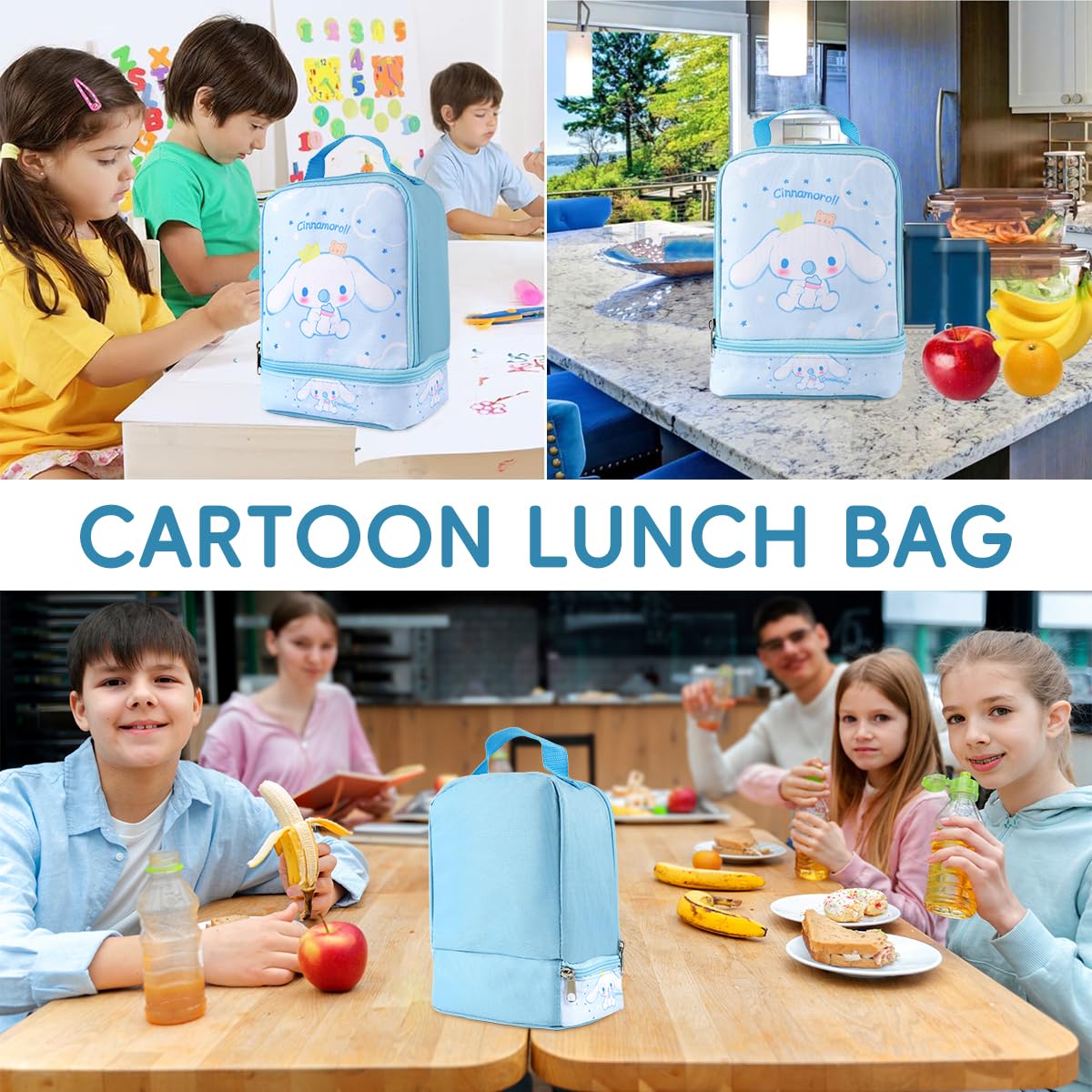HASTHIP Student Lunch Bag for School and Picnic with Double Layer Insulation 18x10x24cm | Waterproof 600D Oxford Kawaii Cinnamon Design