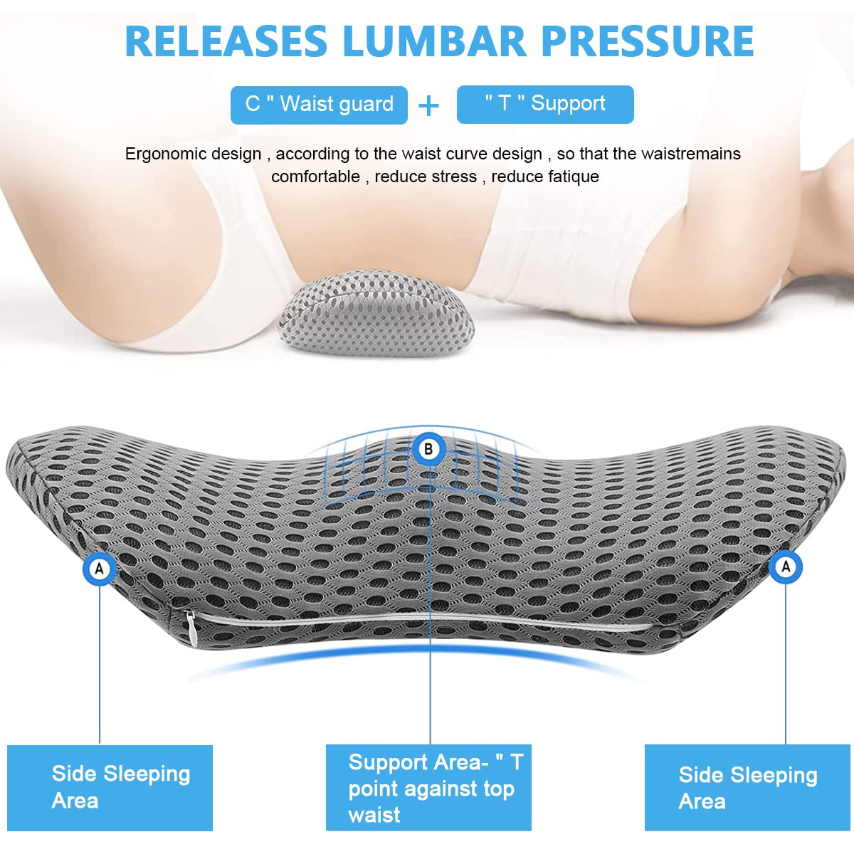 HANNEA Lumbar Support Pillow for Sleeping with Ergonomic Memory Foam Core | Grey Cushion for Back Pain Relief
