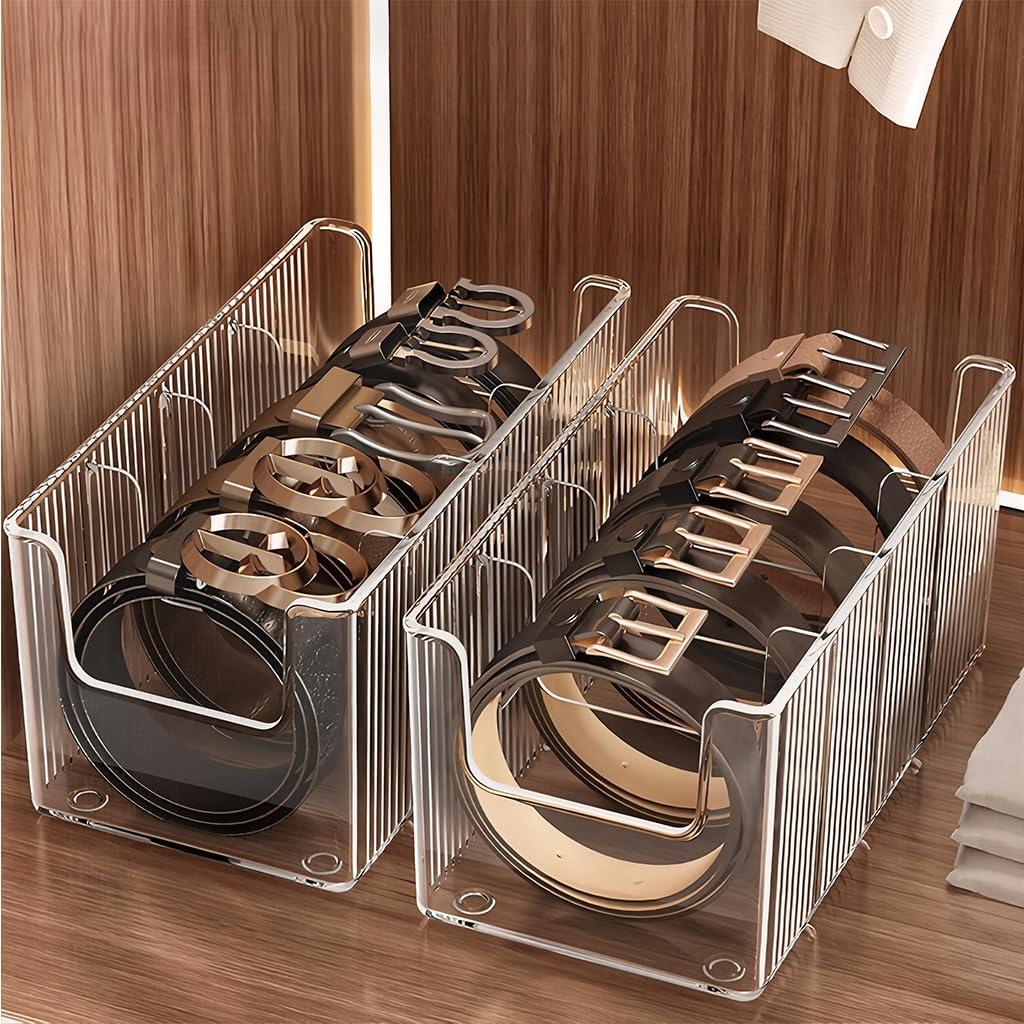 HASTHIP Belts Organizer Case for Wardrobe Storage with Flexible Dividers and Clear PET Boxes 13.5x26x11cm | Pack of 2