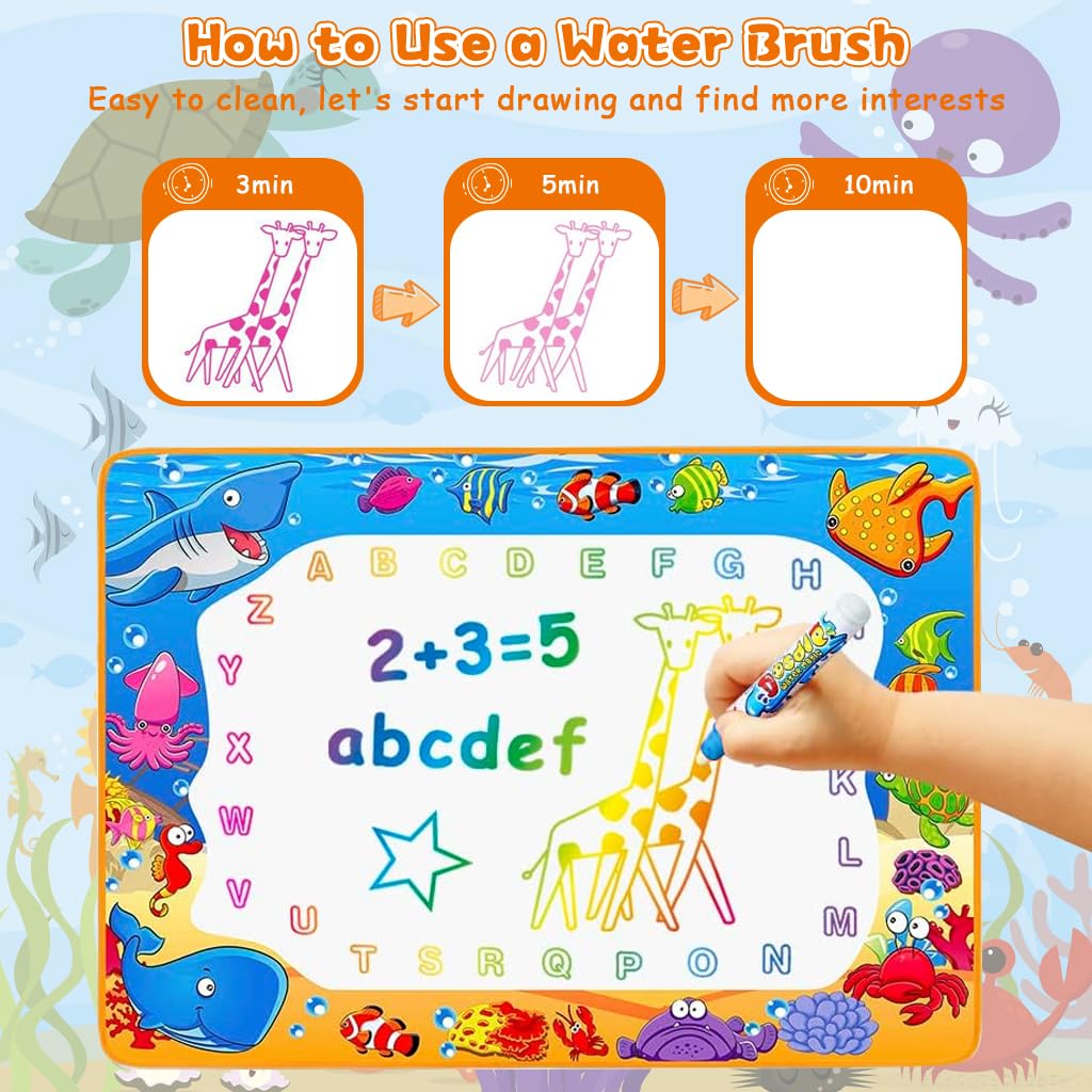 PATPAT Water Doodle Mat for Kids 39.3x27.5 in with Roller Stamps & Templates | Mess Free Drawing Playset