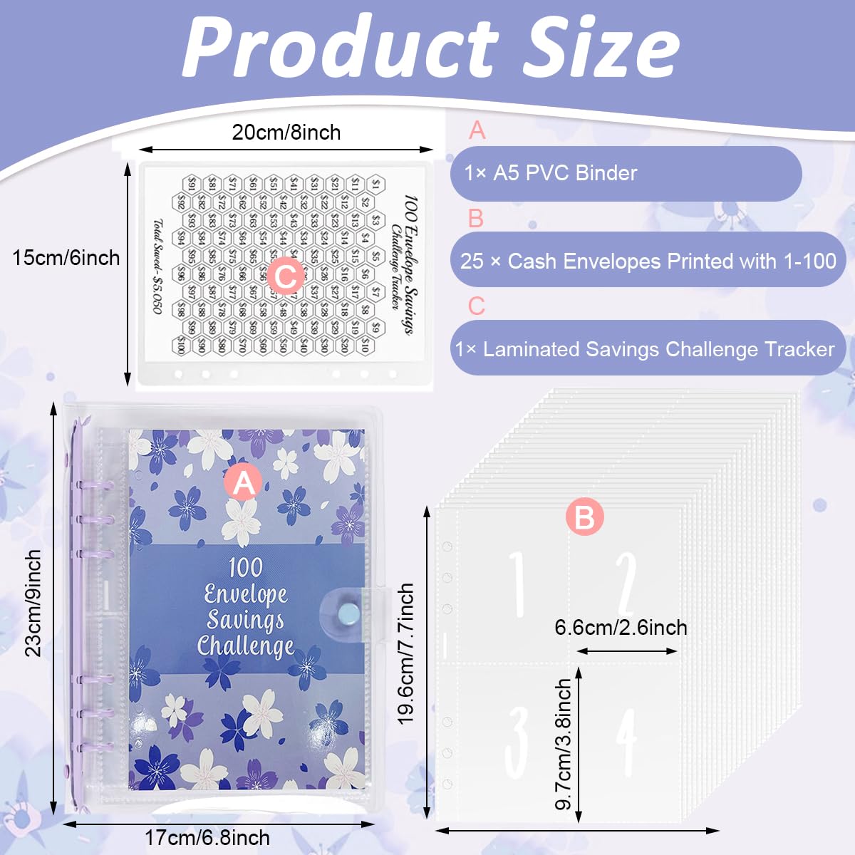 HASTHIP Budget Planner for 100 Day Money Saving Challenge with 25 Cash Envelopes | A5 Sakura Binder