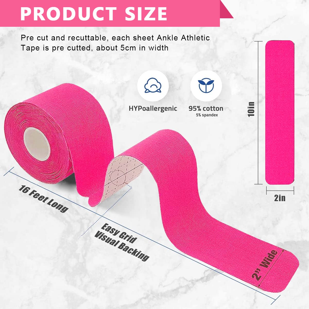 HANNEA Kinesiology Tape for Knee and Muscle Support with Waterproof Breathable Cotton | Rose Pink 5 cm Recuttable Sheets
