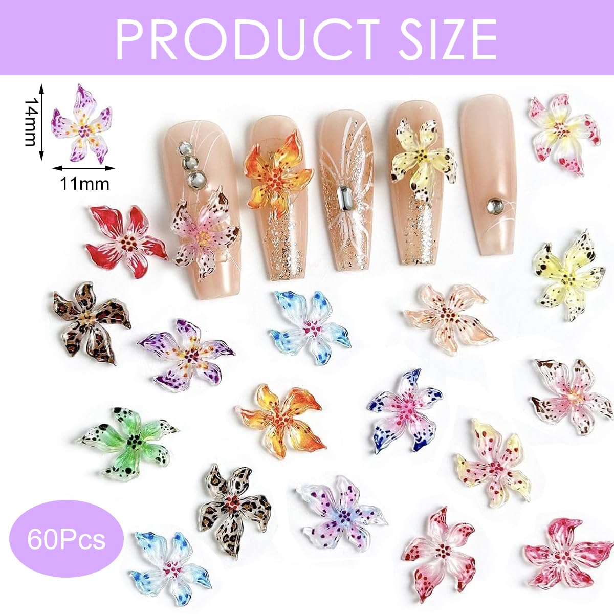 MAYCREATE Flower Nail Art Charms featuring 120 pcs 3D Hibiscus Gems for DIY Summer Nails
