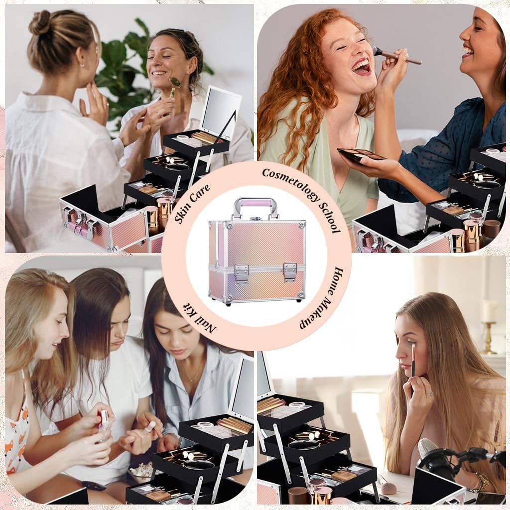 MAYCREATE Makeup Organizer Suitcase for Travel with 3 Layer Stackable Drawers and 9.8x7x9.25 in Aluminum Build | Includes Mirror and Brush Holder