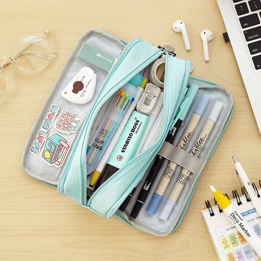 HASTHIP Pencil Case for Students with 3 Compartments and Metal Zippers 21x5x9cm Blue | Multi‑use Cosmetic & Stationery Organizer