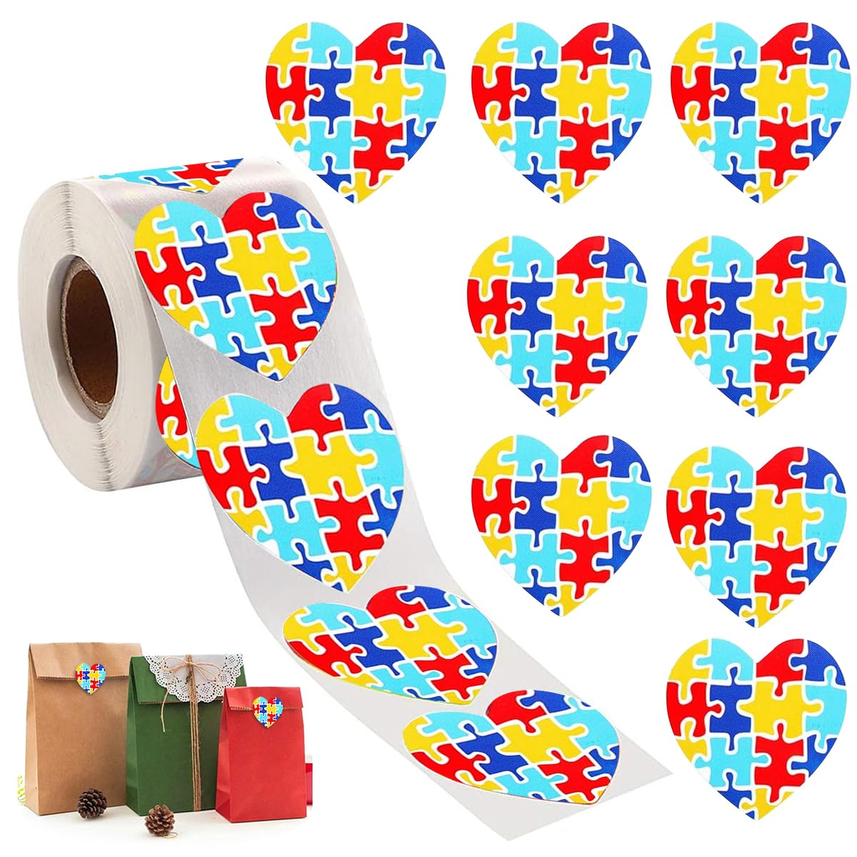 HASTHIP® 500Pcs Heart-Shaped Autism Stickers - Colorful Puzzle Self-Adhesive Labels for Events, Gifts & Packaging, Envelope Tab Sealer Autism Awareness Gifts for Women Men Kids Teen