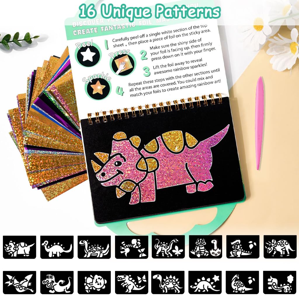 PATPAT Dinosaur Foil Art Kit for Kids with 16 Patterns and 80 Glitter Sheets | DIY Gift