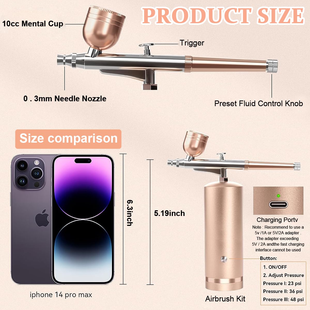 HANNEA Airbrush Kit for Makeup Painting and Cake Decor with 48PSI 0.3mm Nozzle | Rechargeable Cordless Gold Model